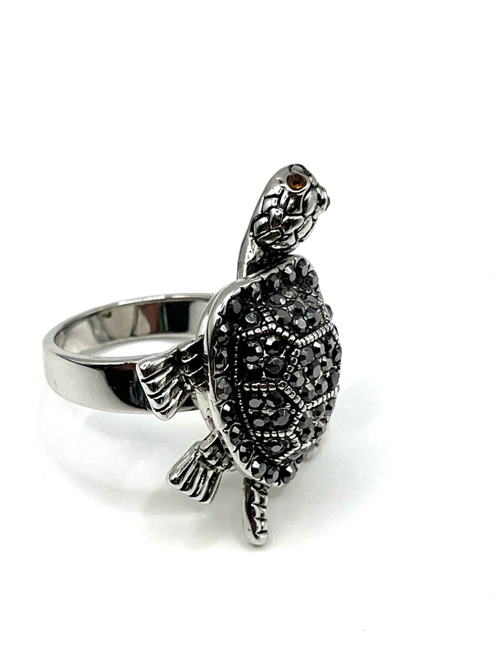 Turtle Ring Articulated Silver Tone Rhodium Plated Patience Knowledge